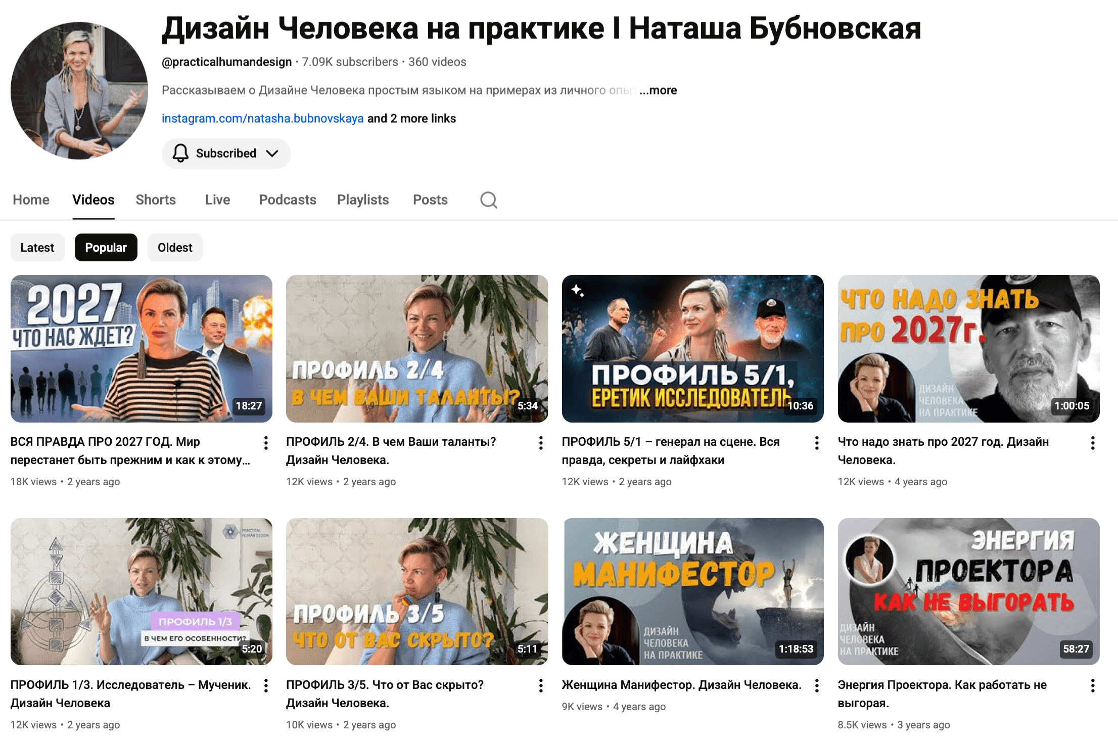 Статистика YouTube-канала проекта по Дизайну человека
